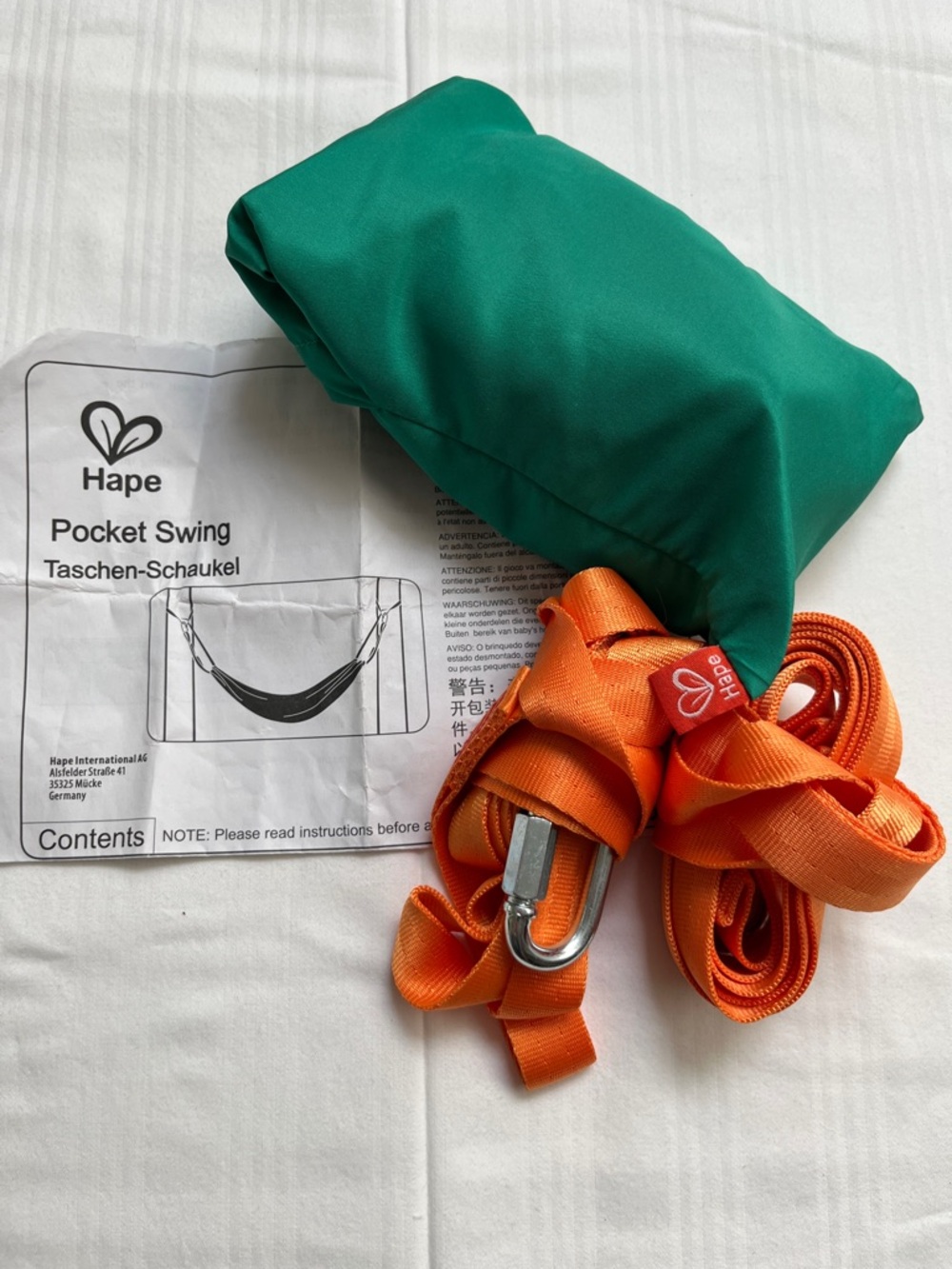 Hape Pocket Swing in Green with Orange Straps